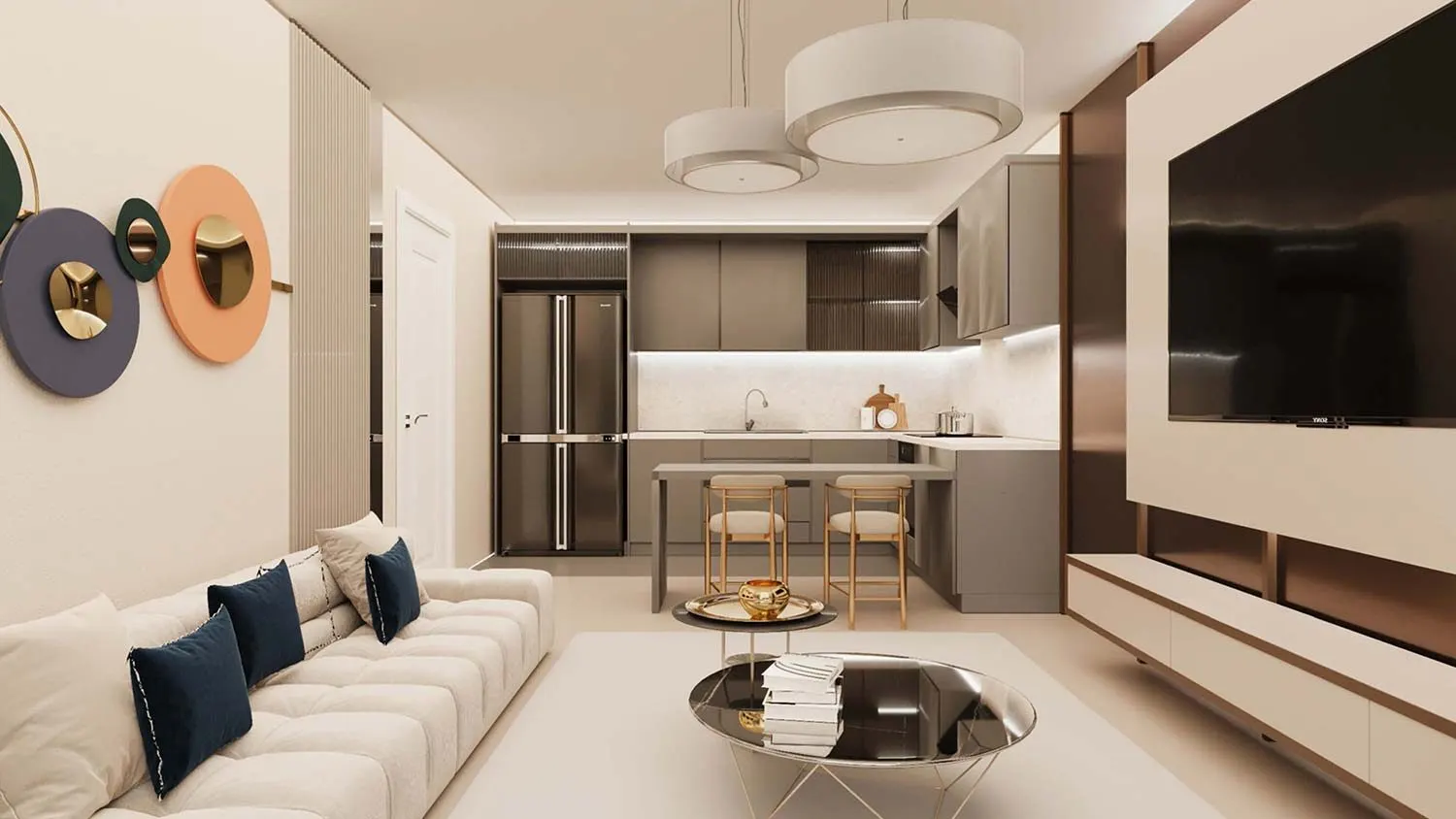 Living room and open kitchen in a Dilek Life Mahall apartment