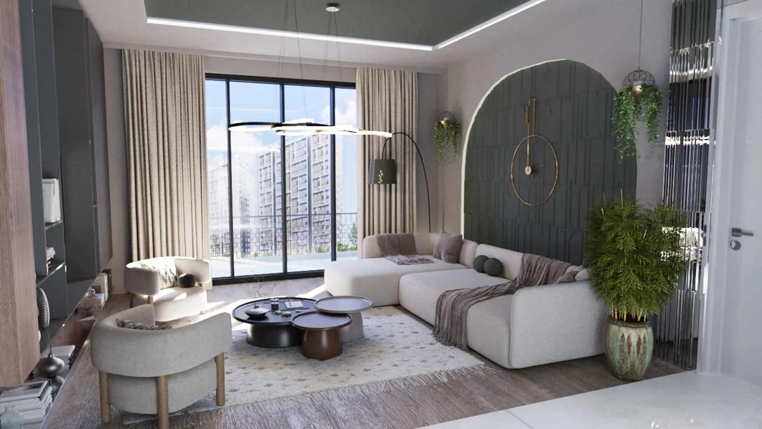 Living room with a balcony door in a Dilek Life Mahall apartment