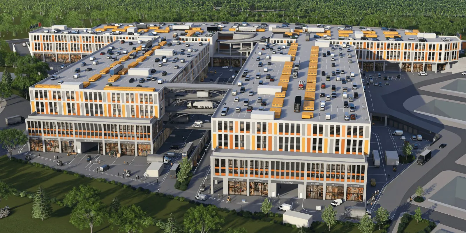 Aerial view of the Dudullu Ticarethane blocks with parking on the roofs