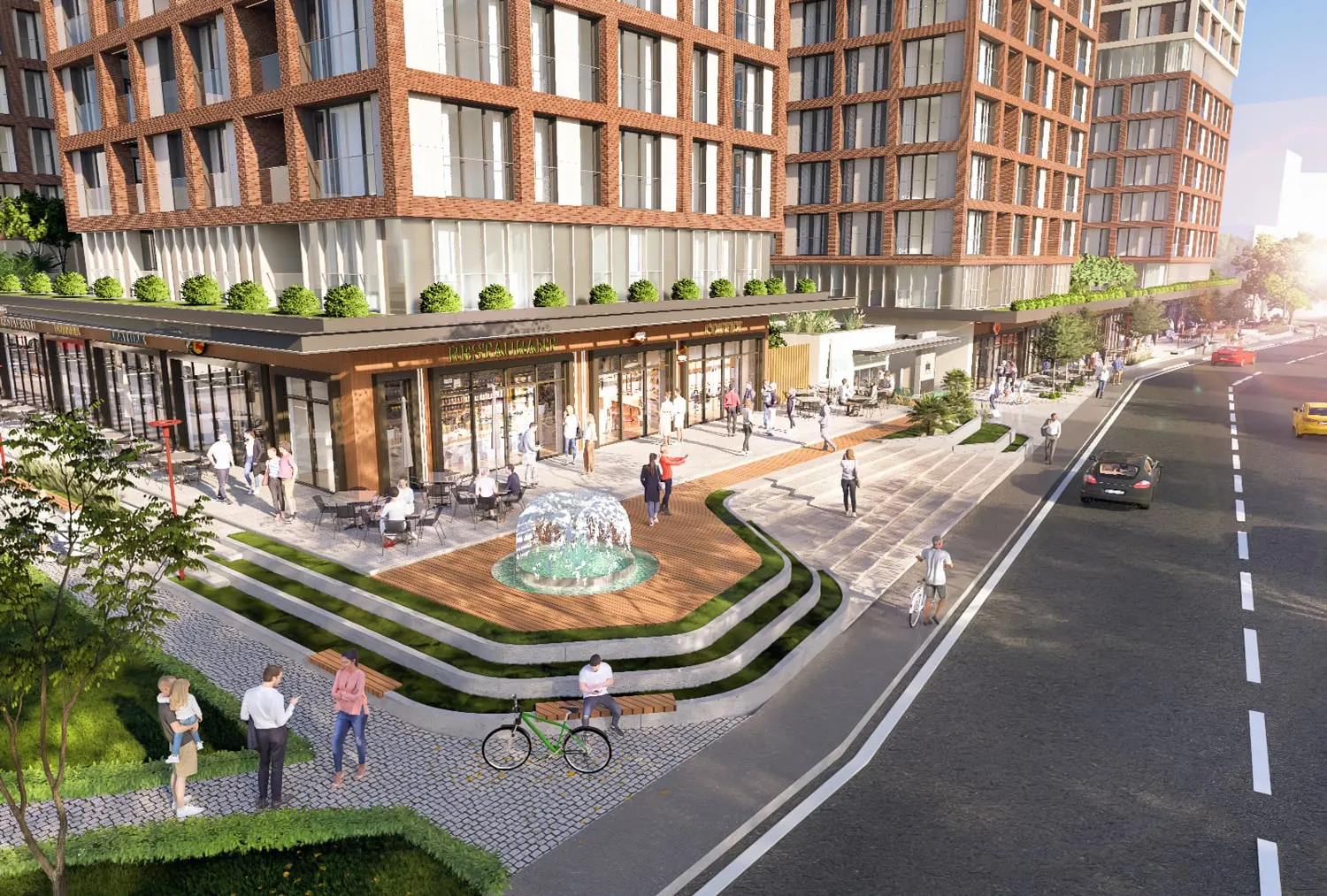 Street-level plaza with a fountain at Elite Erenkoy