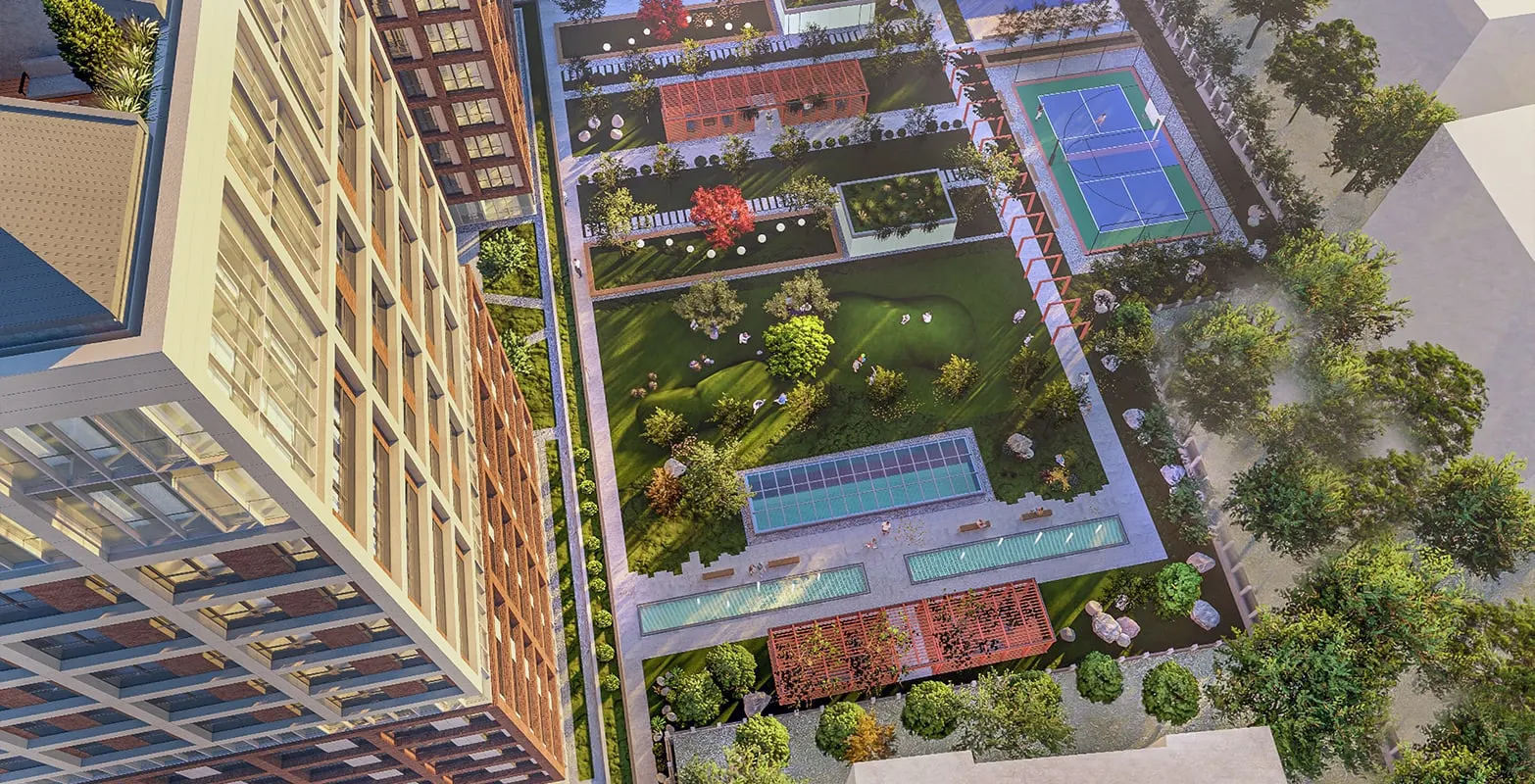 Aerial view of the Elite Erenkoy courtyard with the tennis court