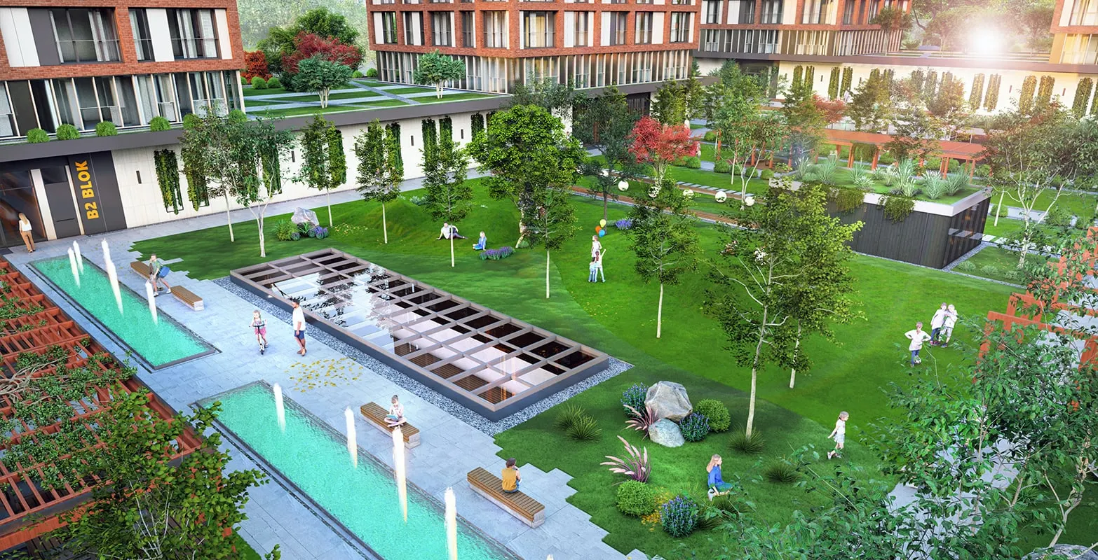 Garden and ornamental pools in the Elite Erenkoy courtyard