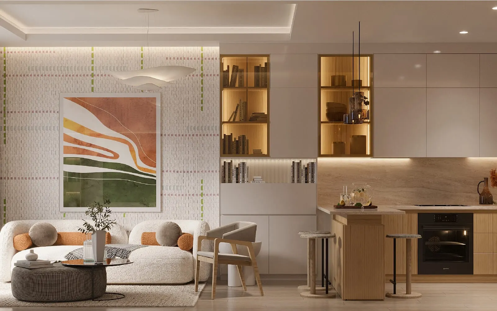 Living room and open kitchen in an Elysium Residence Cubuklu apartment