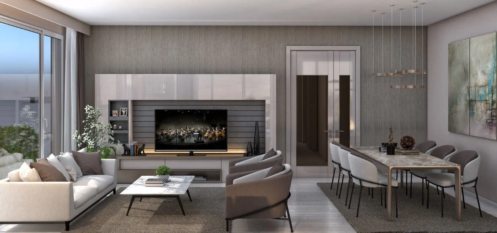 Living and dining room in an Emlak Konut Cinarkoy Evleri apartment