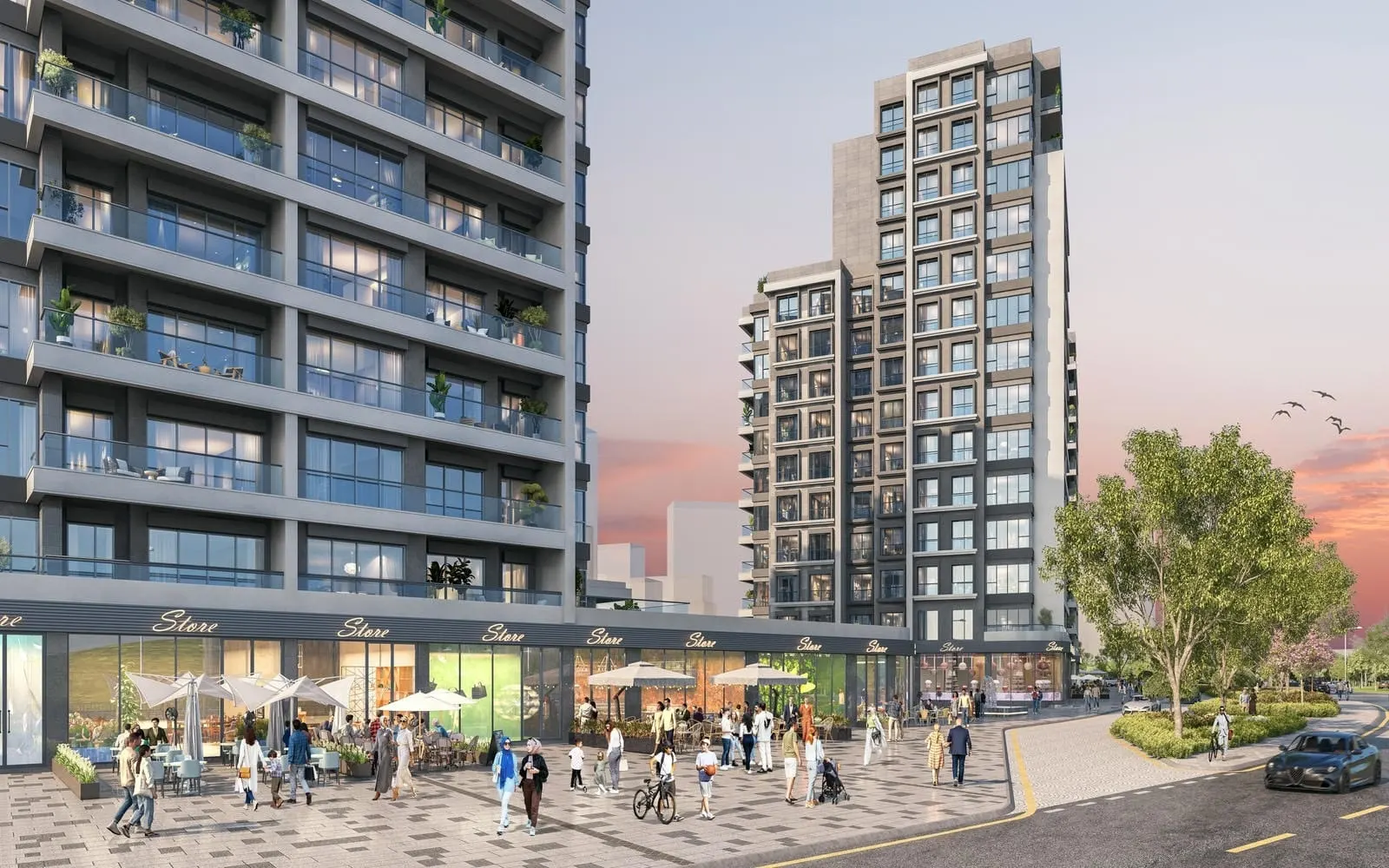 Street-level shops and a tower at Vadi Panorama Evleri