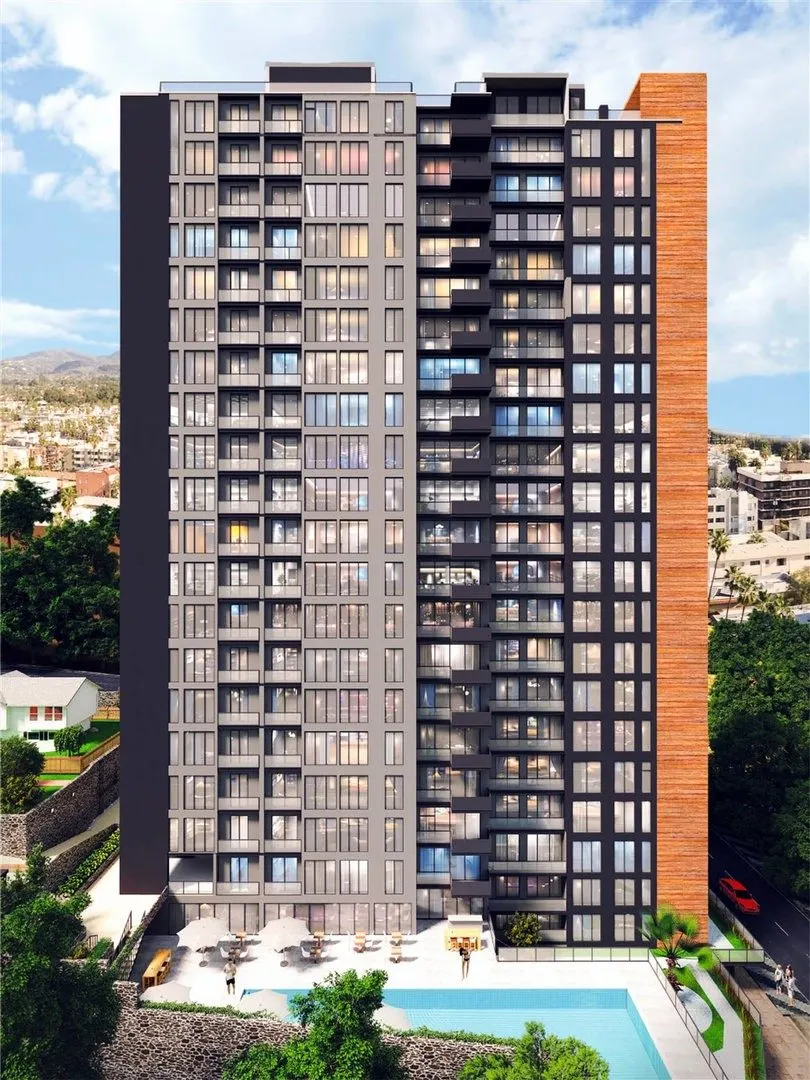 Exodus Panorama tower with the pool at its foot