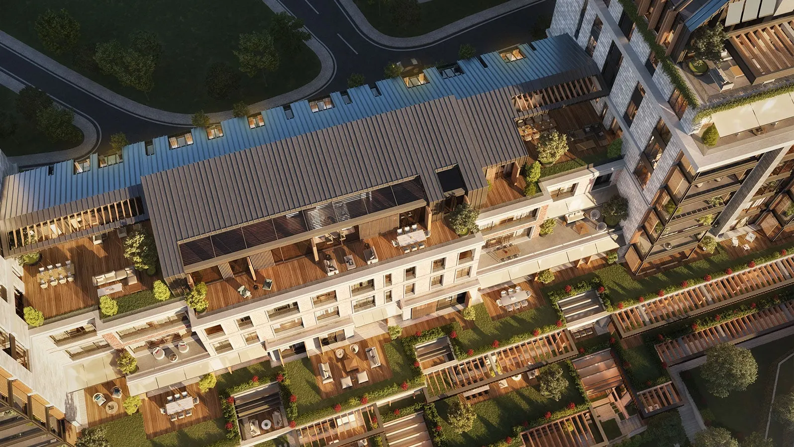 Aerial view of the low-rise building and its roof terraces at Four Seasons Private Residences Istanbul