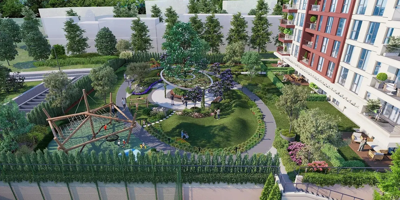 Aerial view of the garden and playground at Hayat City Mahmutbey