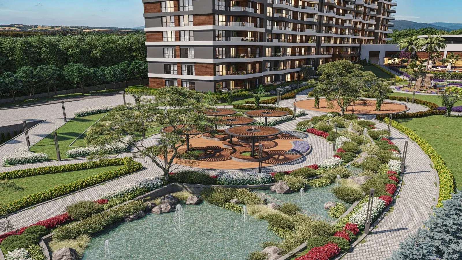 Landscaped garden and paths between the Inlight Yenisehir blocks