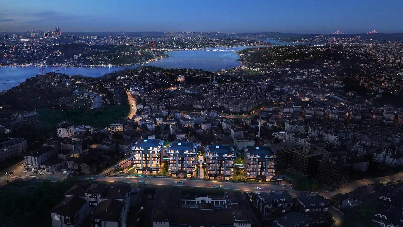 Aerial view of IV Kandilli at night, with the Bosphorus behind