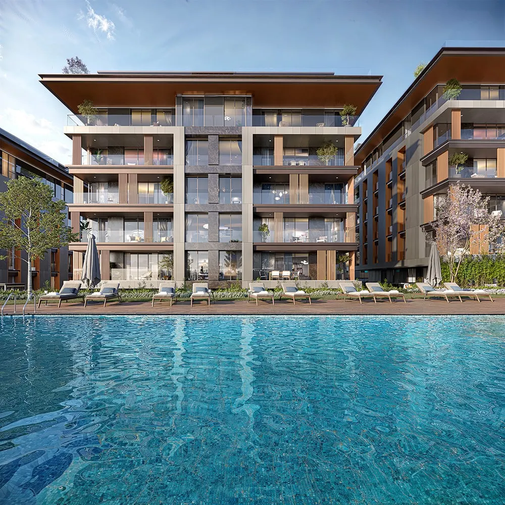 Outdoor pool in front of an IV Kandilli block