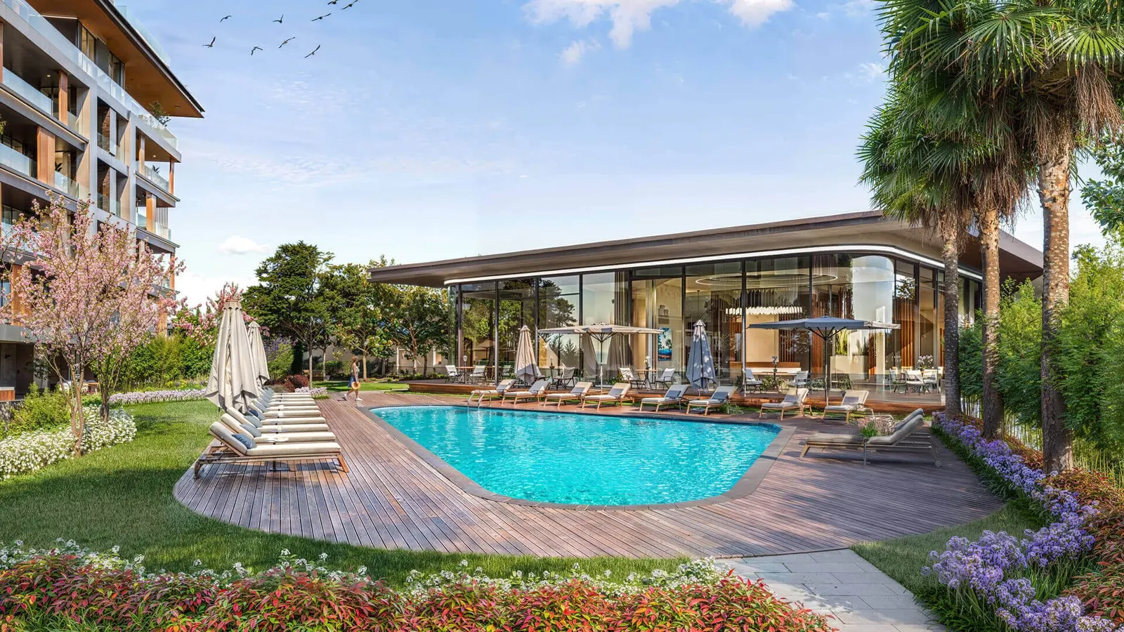 Outdoor pool and social building at IV Kandilli