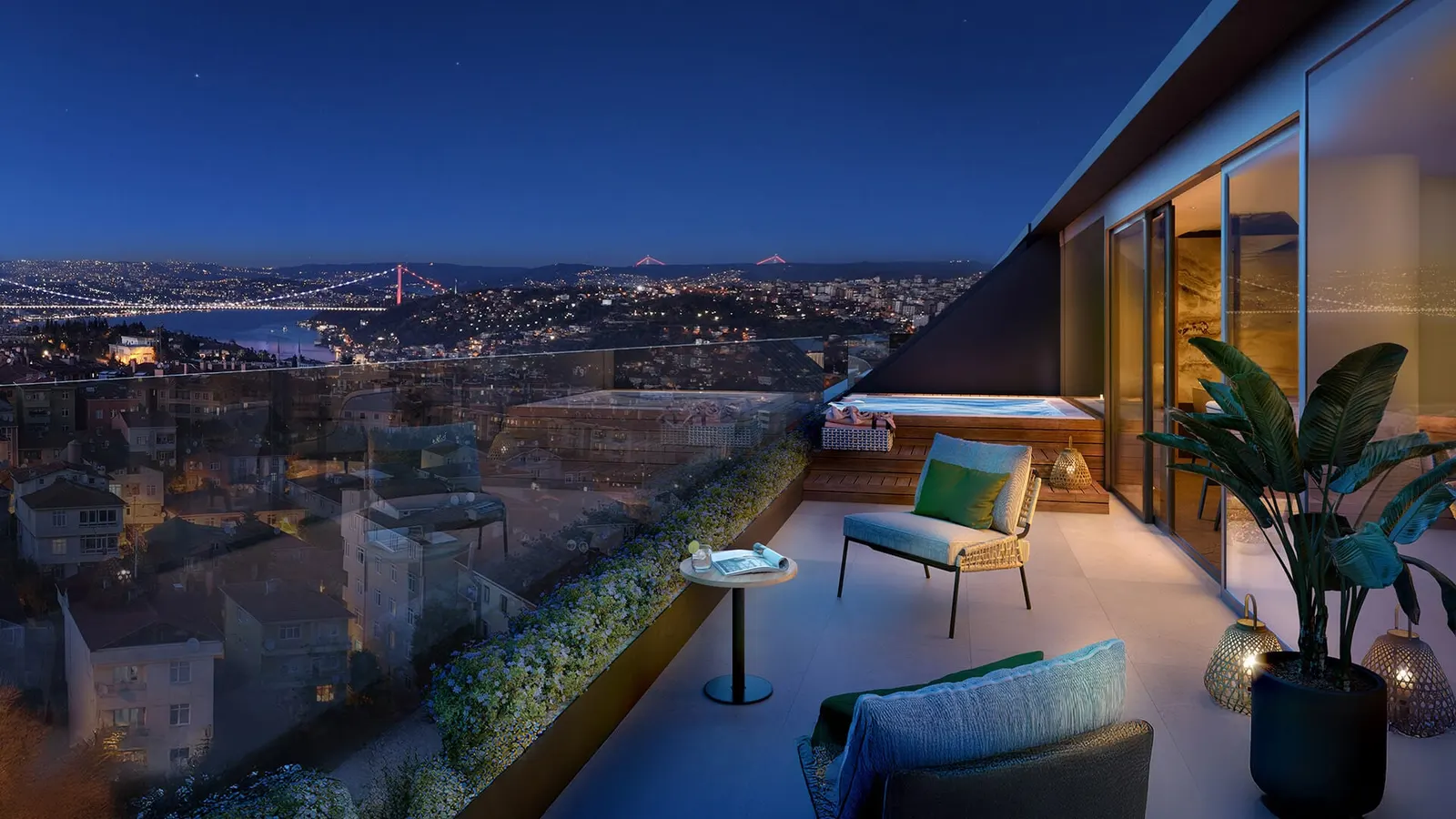 Roof terrace with a jacuzzi at IV Kandilli at night