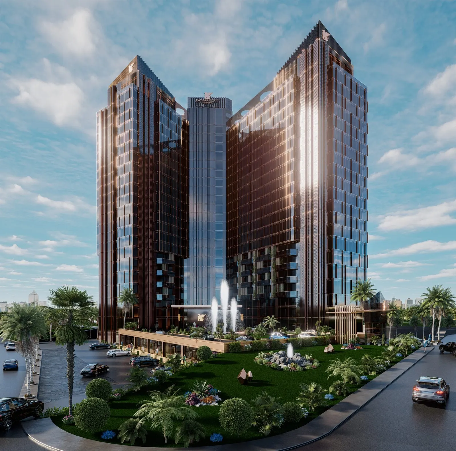 The two JW Marriott Residences Tarabya towers above the front garden