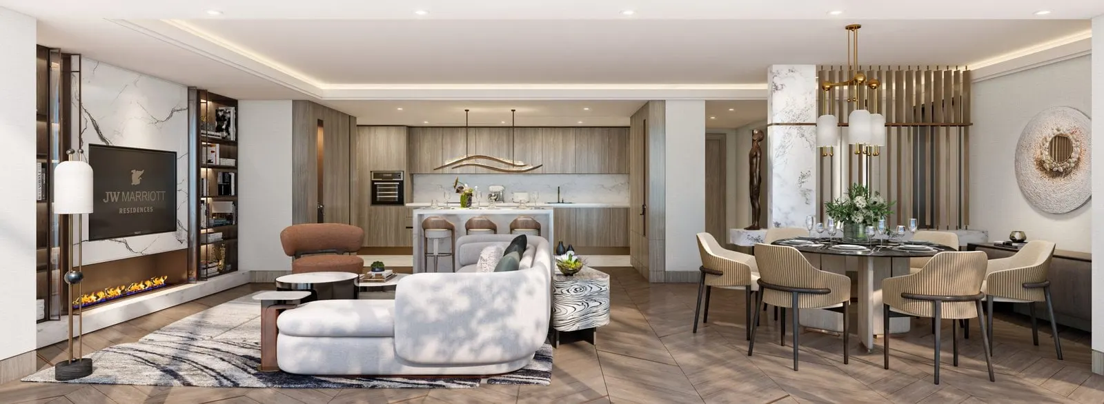 Living and dining room in a JW Marriott Residences Tarabya apartment