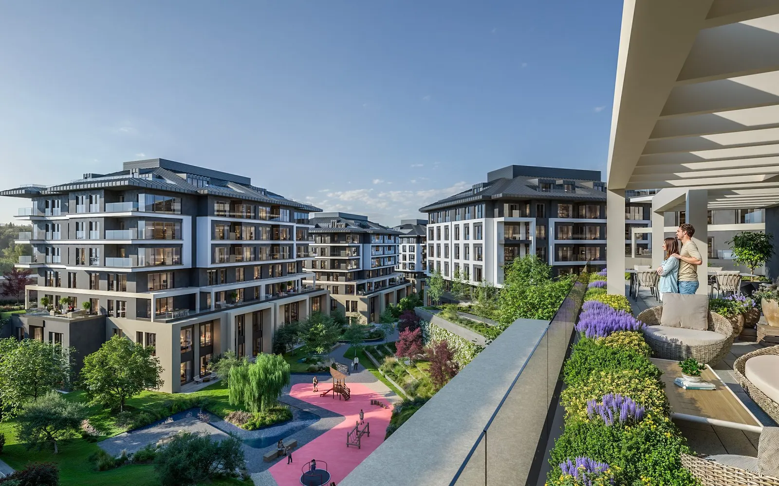 Kent Etiler blocks and gardens seen from a terrace