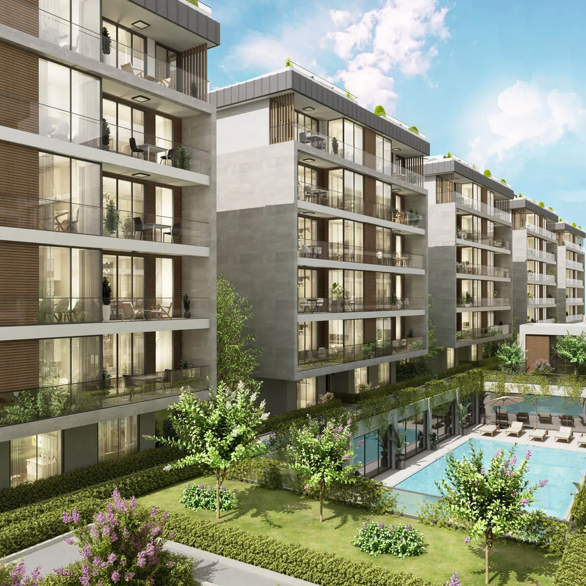 Blocks of Cadde Bakirkoy beside the pool