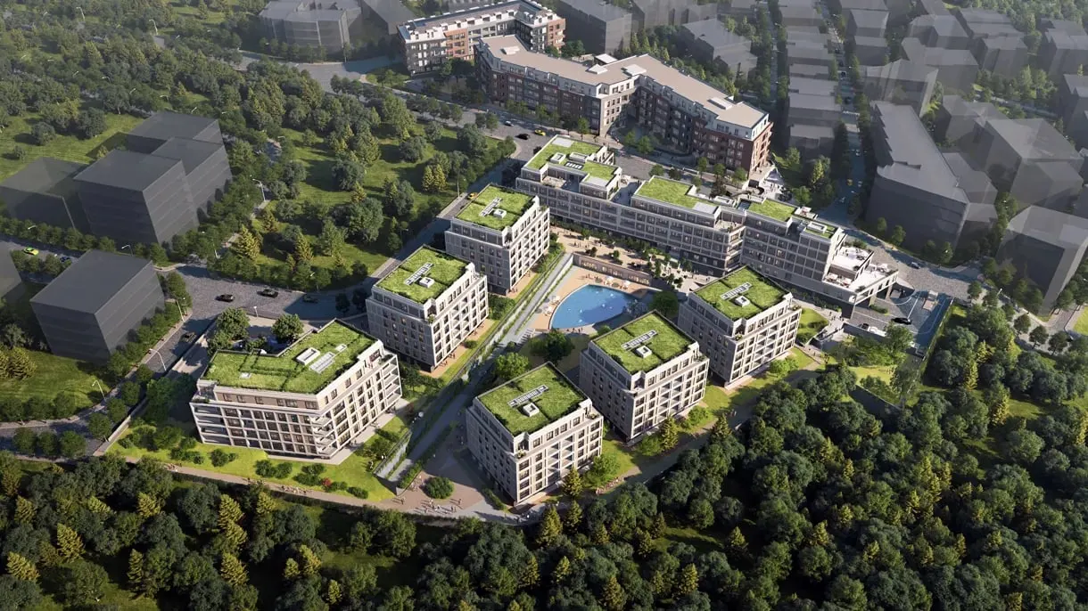 Aerial view of the Koray Upland blocks beside the forest