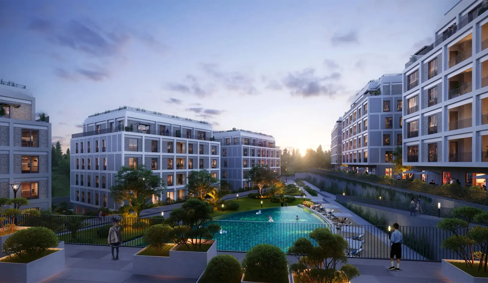 Koray Upland blocks around the pool at dusk