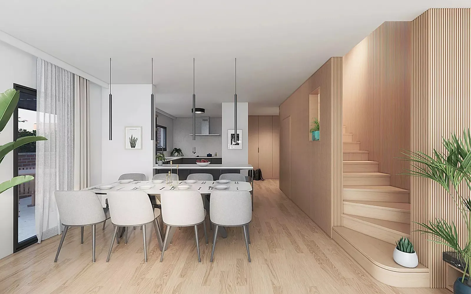 Dining area and staircase in a Kuzeybuku Zekeriyakoy corner house