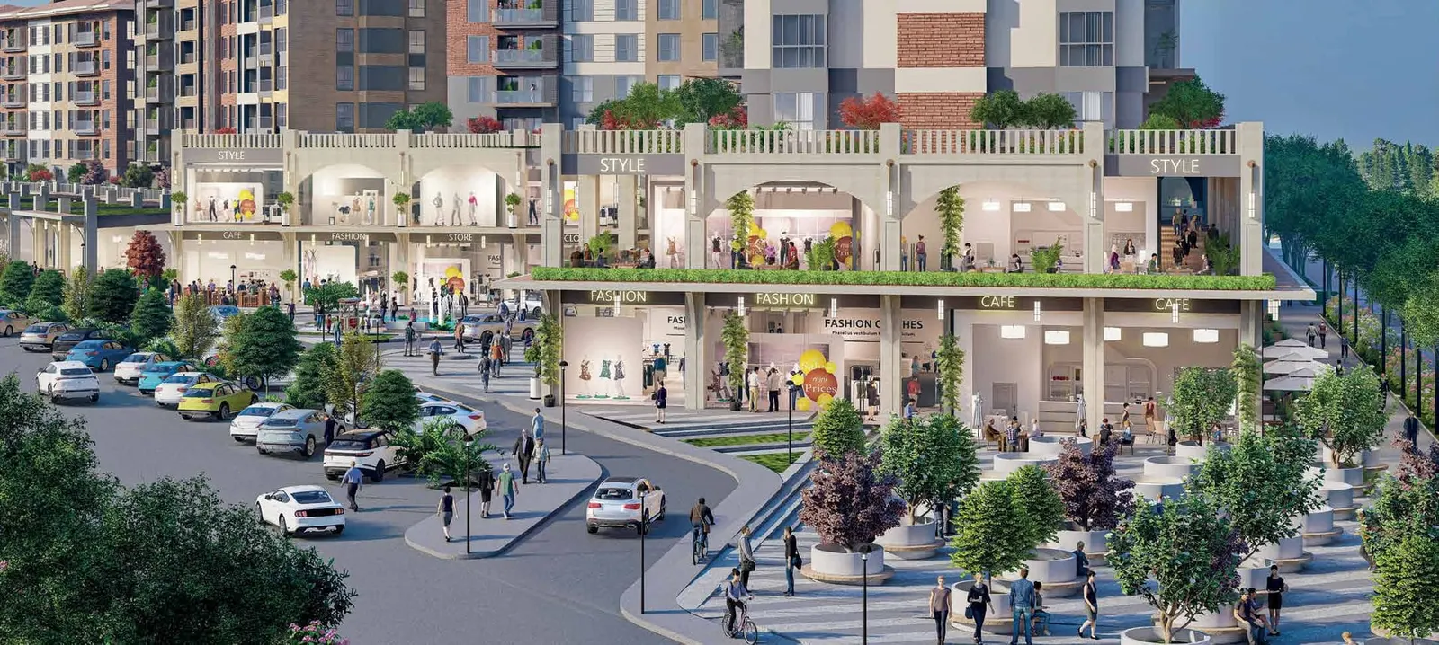 Limonlu Bahce Konaklari from Alemdag Caddesi, with shops at street level