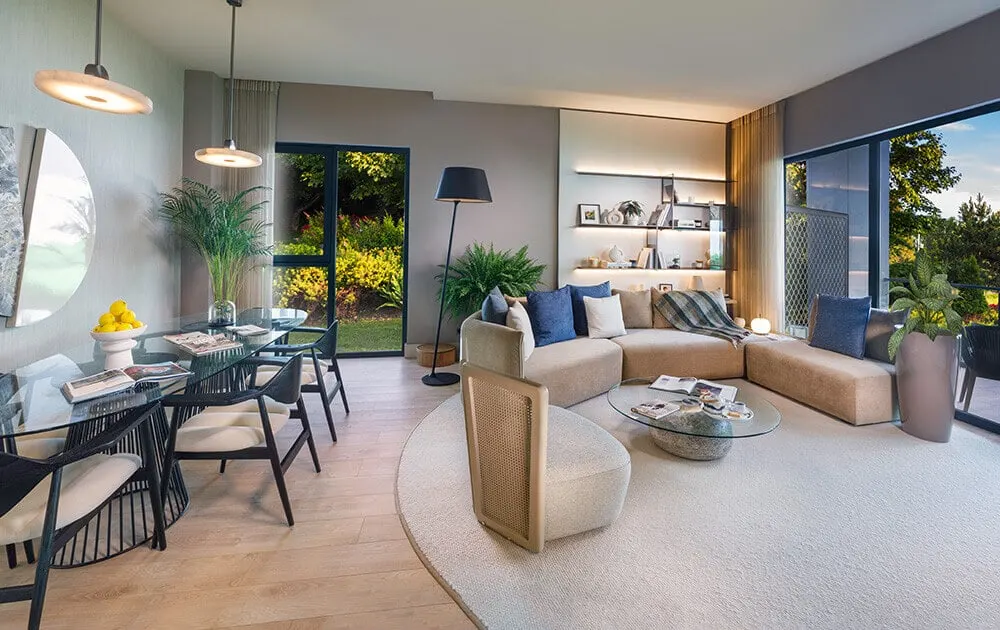 Living room with garden view in a Limonlu Bahce Konaklari apartment
