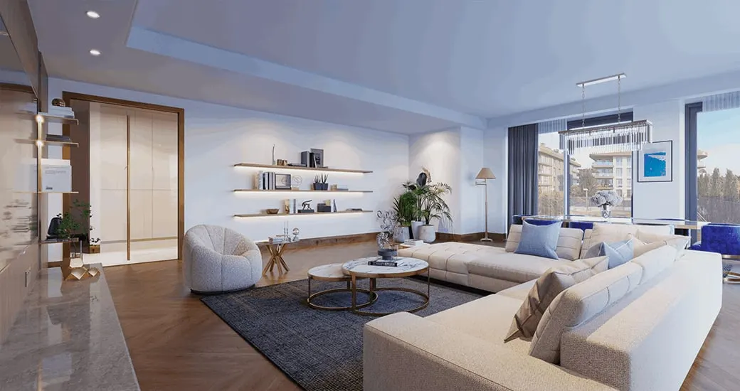 Living room with a view of the blocks in a Litus Istanbul apartment