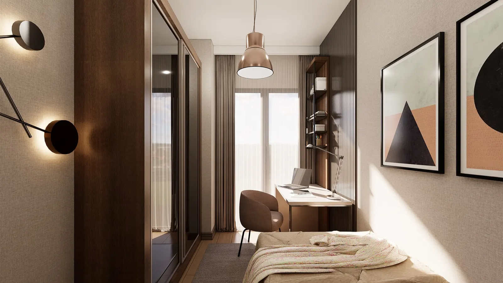 Small bedroom with a desk in a Lotus Gol Evleri apartment