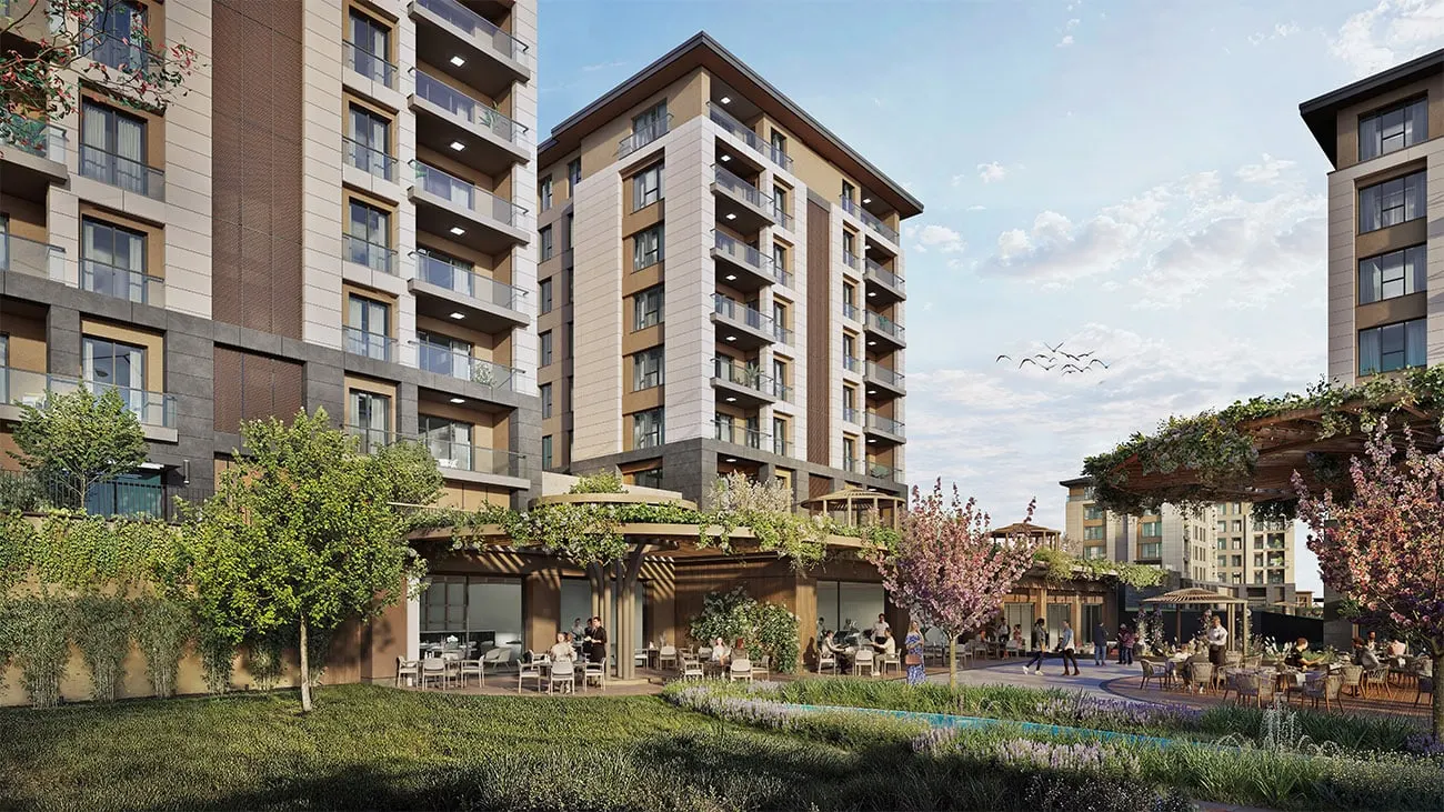 Cafe terraces and gardens at the foot of the Lotus Yasam blocks