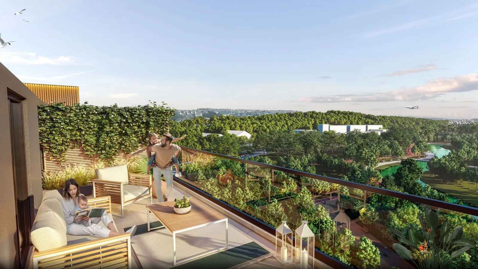 Roof terrace of a Luxera Bahce Port duplex overlooking the park