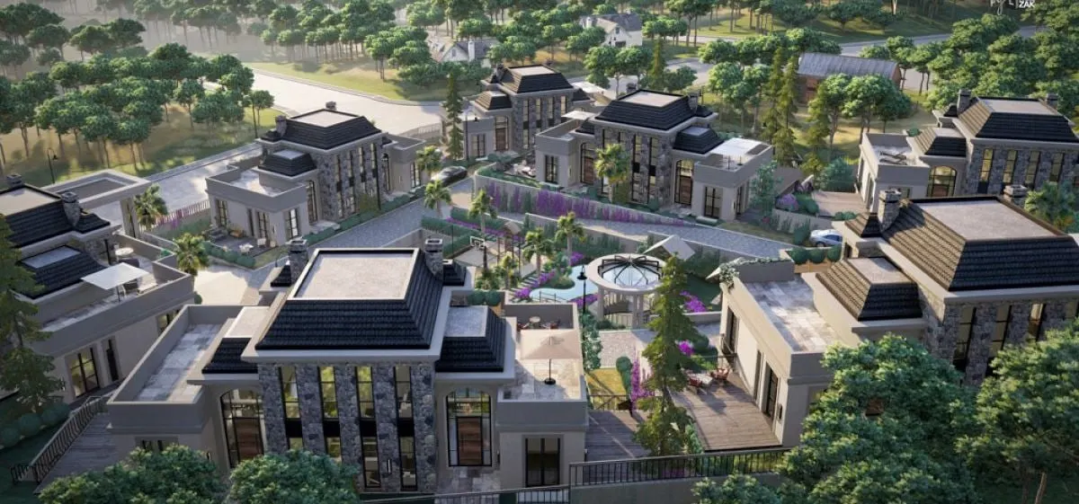 Aerial view of the Maniero Omerli by Huzzak mansions