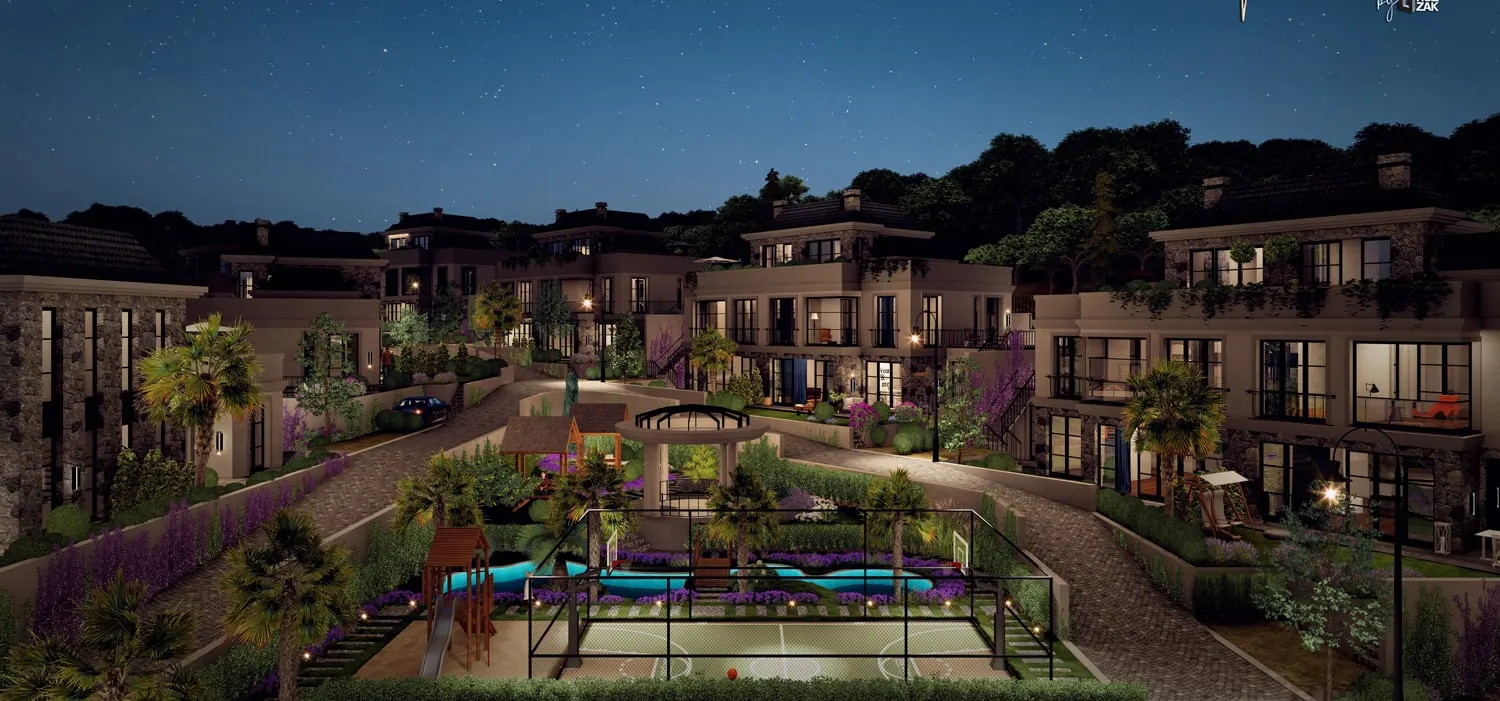 Central garden and sports court at Maniero Omerli by Huzzak at night