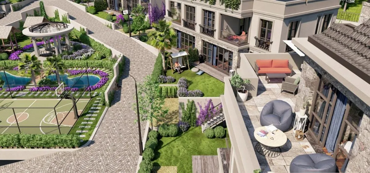 Gardens, sports court and terraces at Maniero Omerli by Huzzak from above