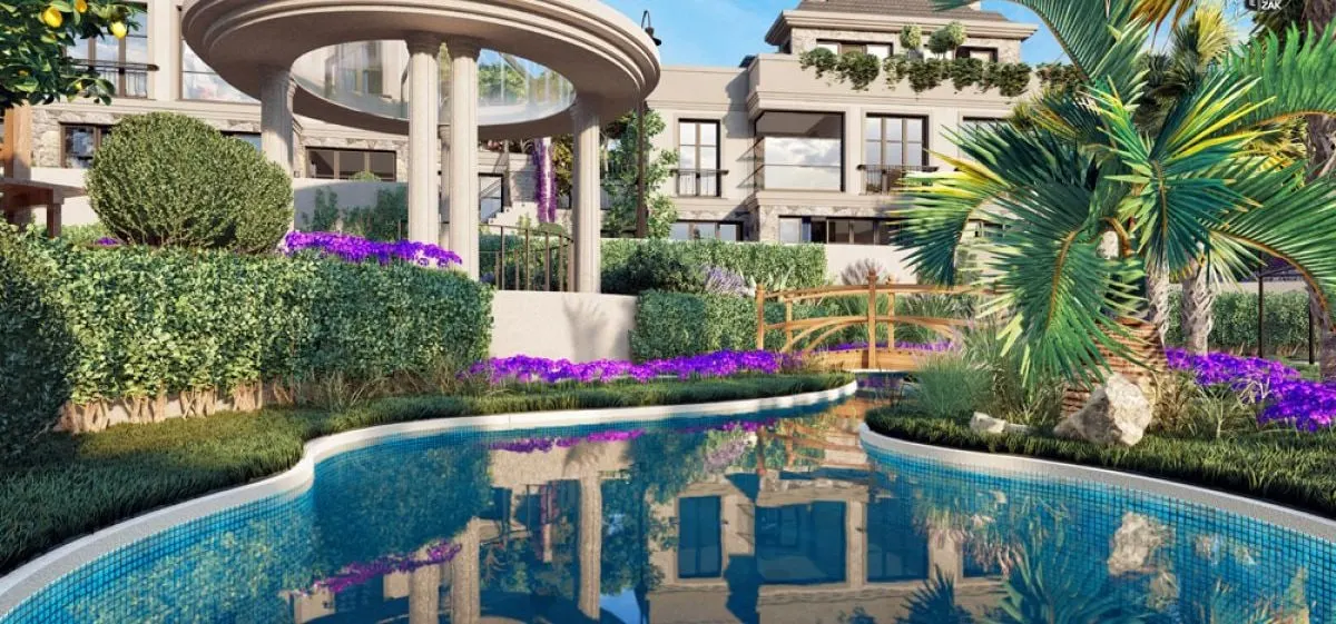 Ornamental pool and pergola at Maniero Omerli by Huzzak