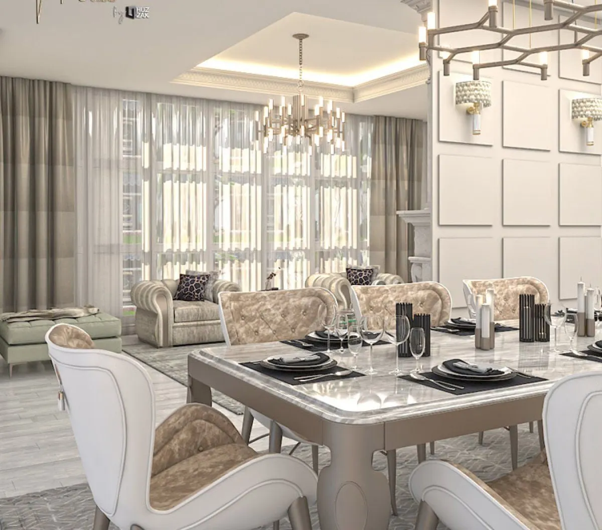 Dining and living room in a Maniero Omerli by Huzzak mansion