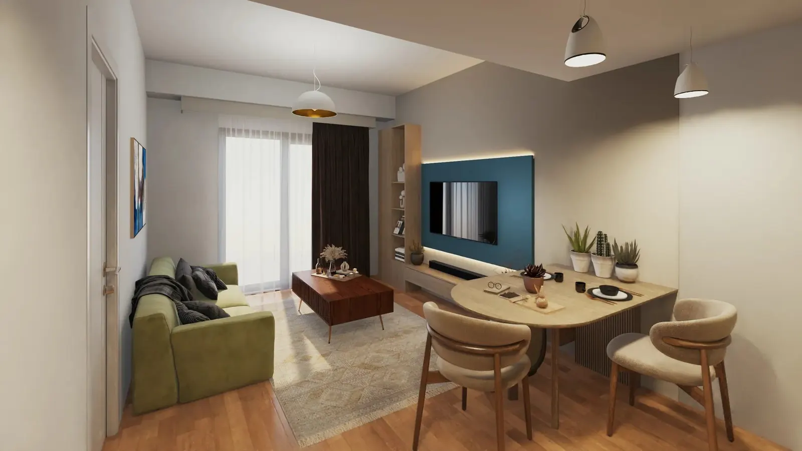 Living and dining room in a Mari Ada apartment