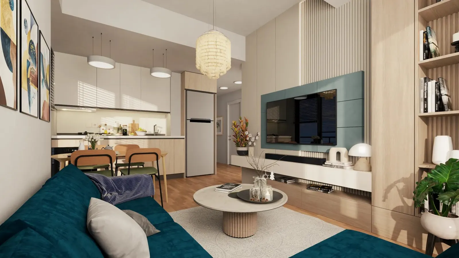 Living room and open kitchen in a Mari Ada apartment