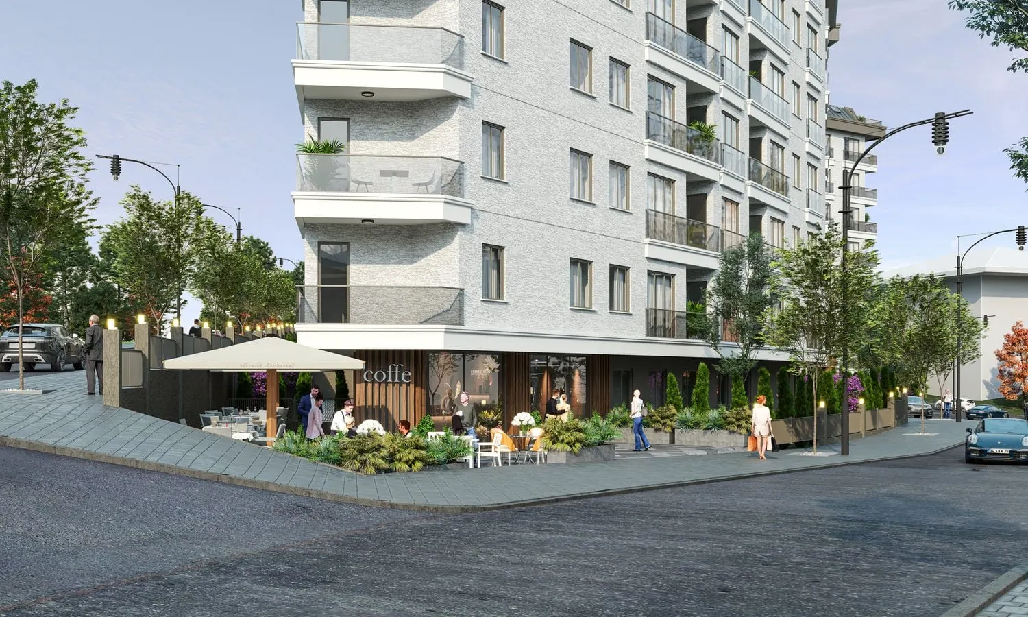 Street corner with a cafe terrace at Meda Modern Park