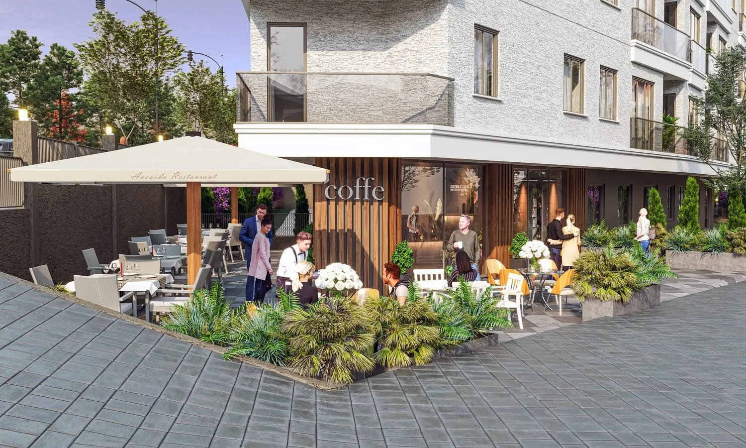 Cafe terrace at street level in Meda Modern Park