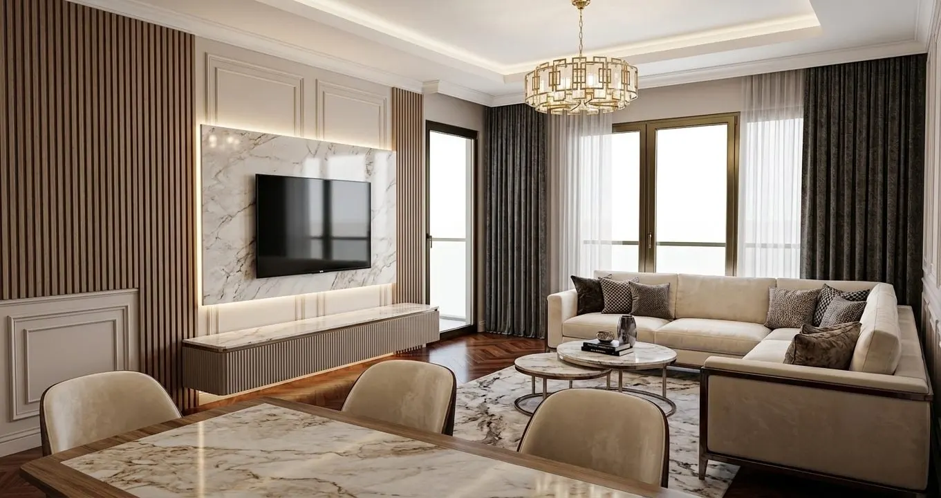 Living and dining room in a Meda Modern Park apartment