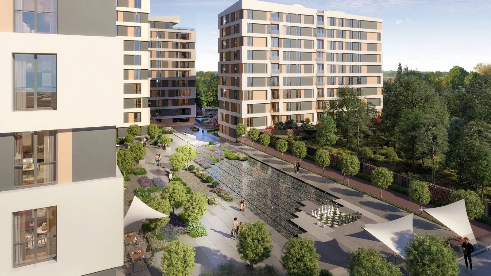Courtyard with shade sails at Metro 24 Basaksehir