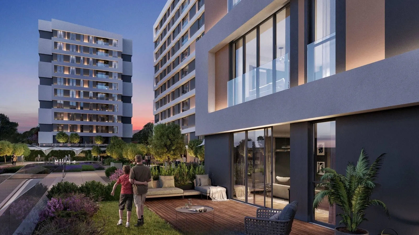 Ground-floor terrace at Metro 24 Basaksehir at dusk