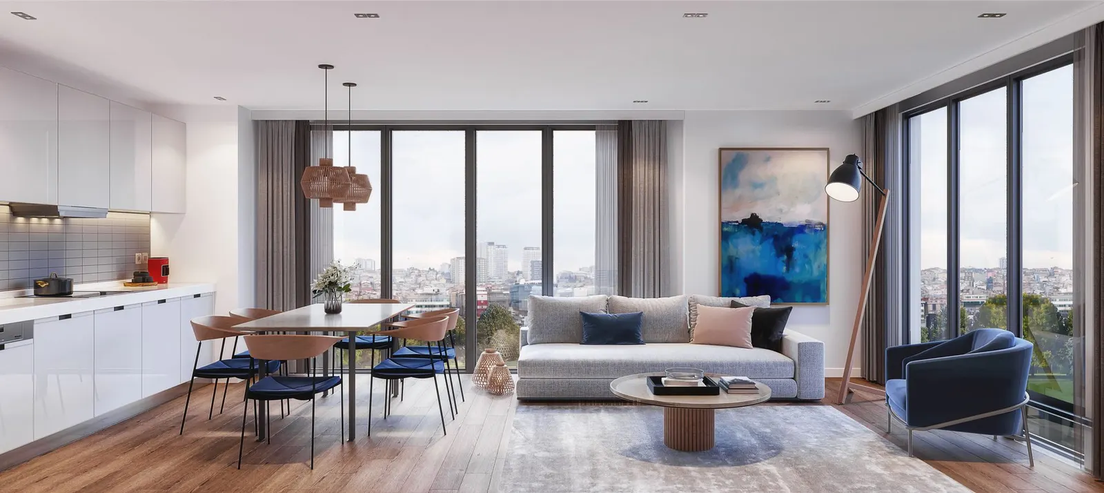 Living room and open kitchen in a Metro 24 Basaksehir apartment