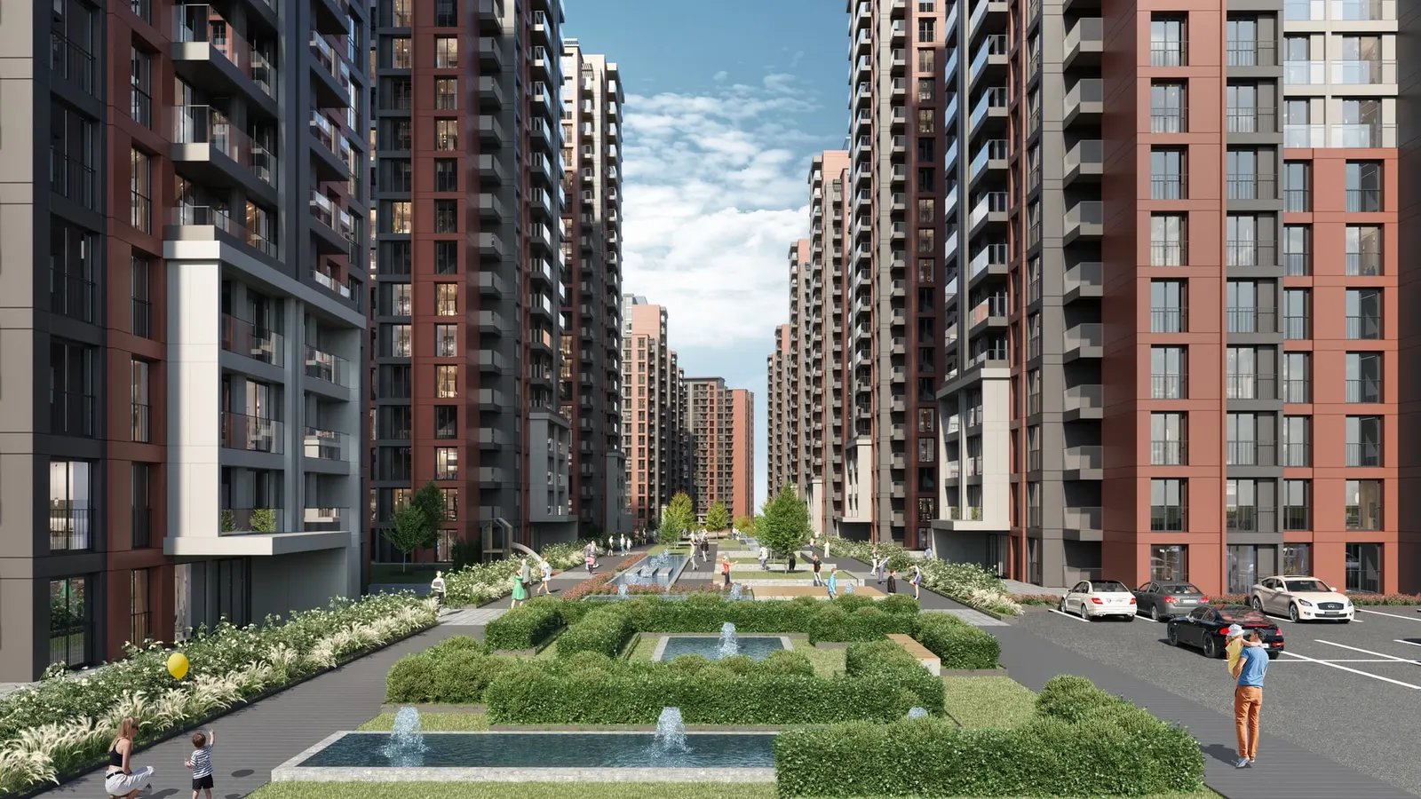 Landscaped walkway and pools between the Natura Ferce towers