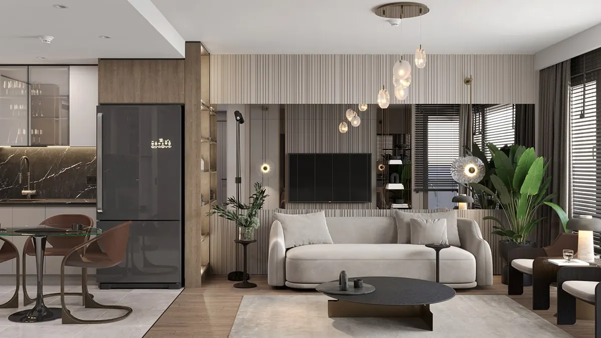 Living room and open kitchen in a Natura Ferce 2+1 apartment