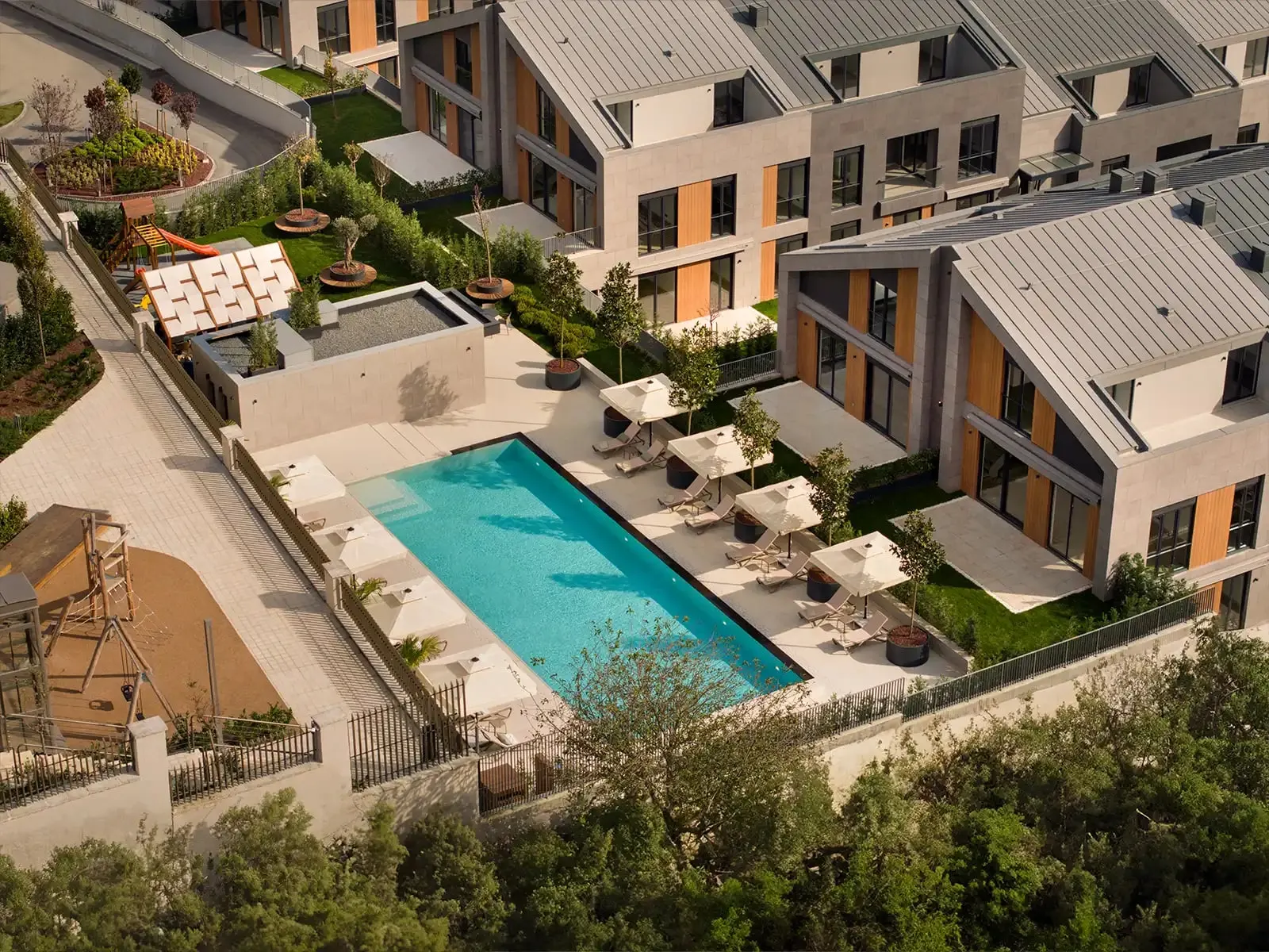 Aerial view of the pool and blocks at Naturalist Verde