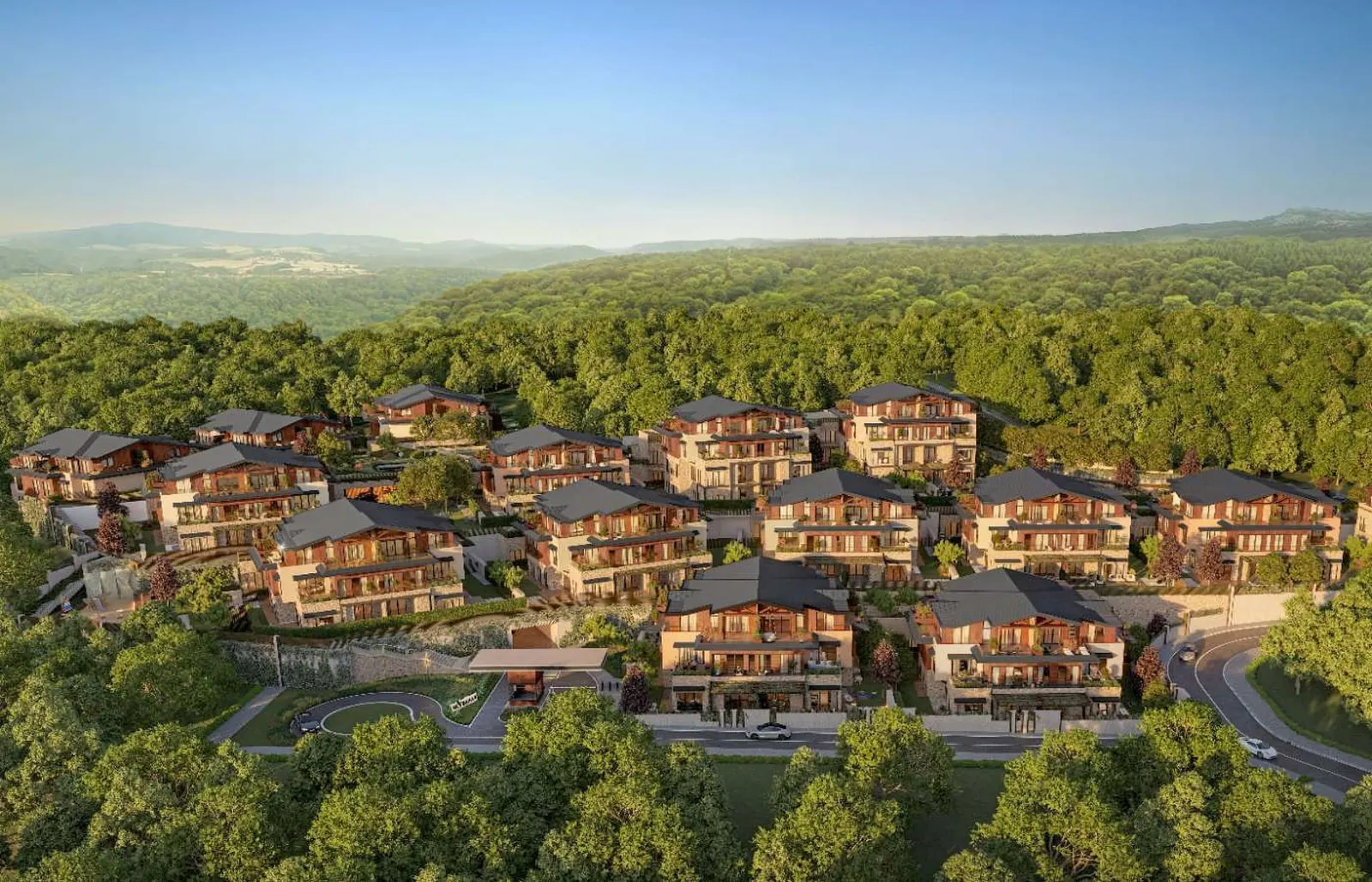 Aerial view of Nevbahar Kemer Evleri at the edge of the forest