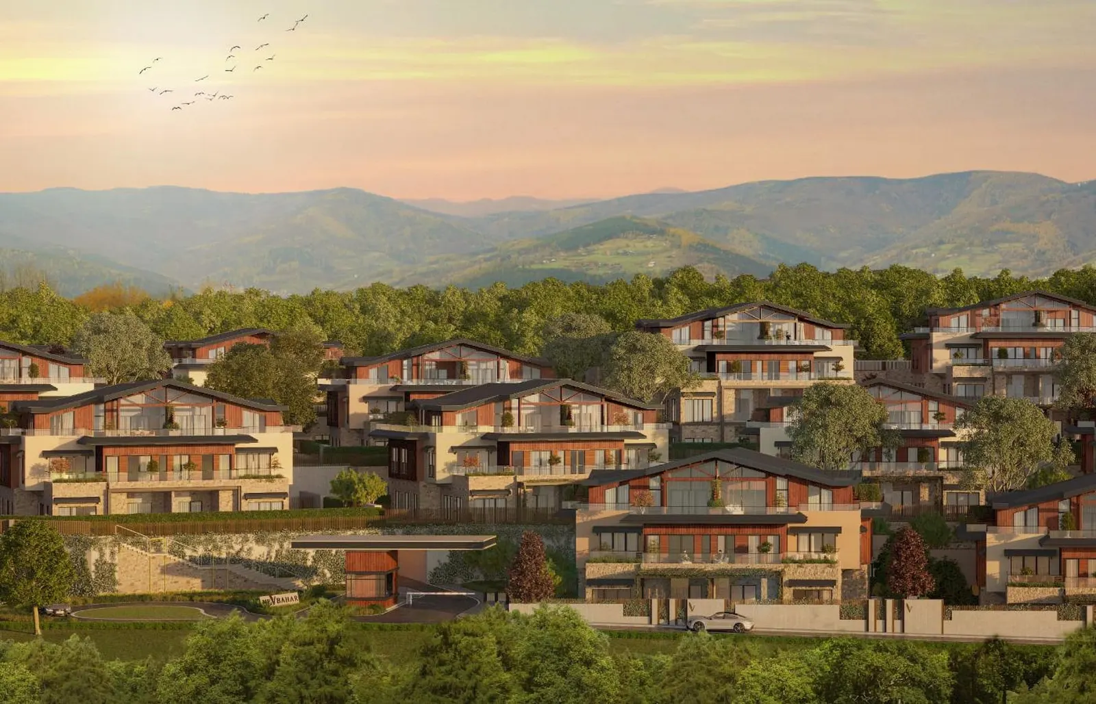 Nevbahar Kemer Evleri with the hills behind