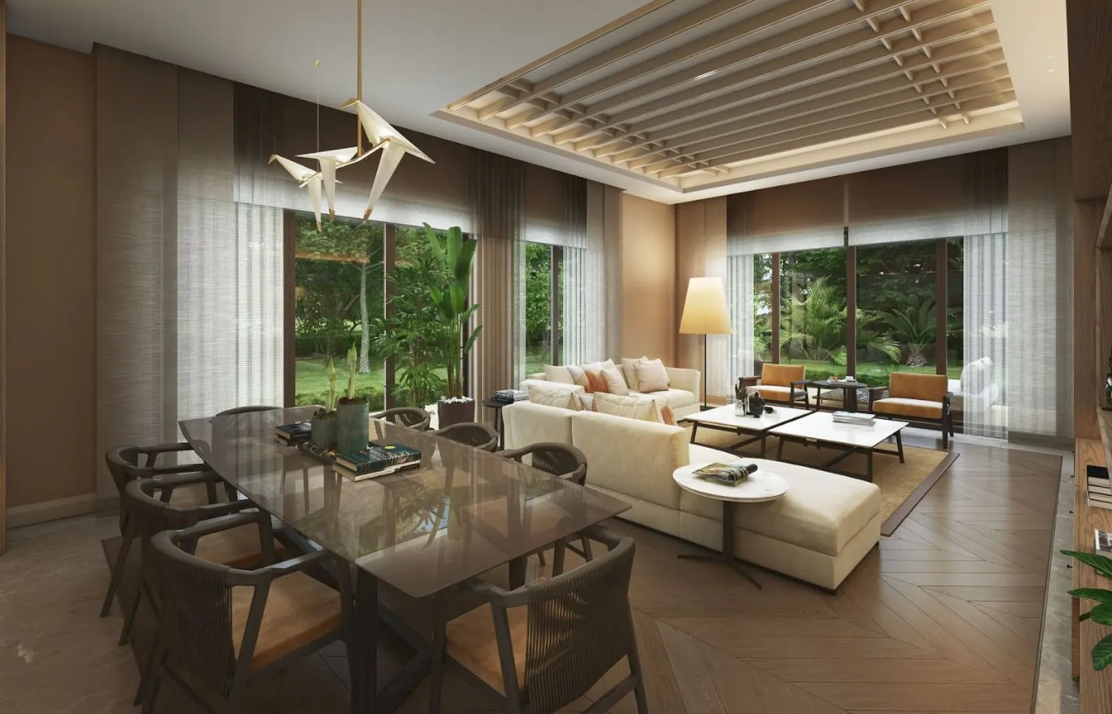 Living and dining room in a Nevbahar Kemer Evleri home