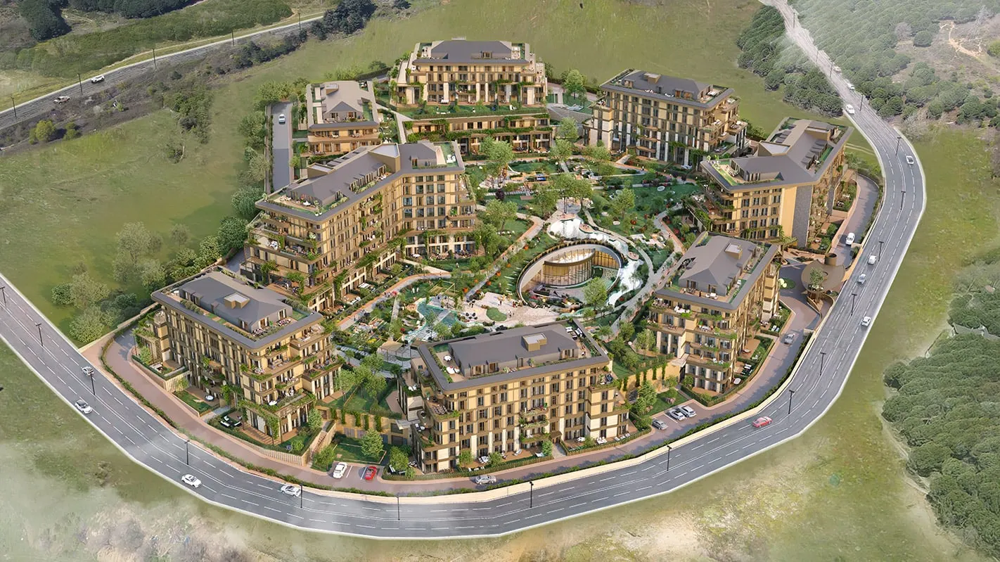 Aerial view of the Next Level Kemer blocks around the central courtyard